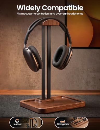 Wooden Headphone Holder, Solid Stand with Non-Slip and Storage Base - Image 4
