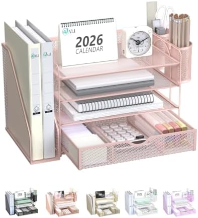 WALI Desk File Organizer, 4 Tier Desktop Paper Letter Tray Organizer with Drawer and 2 Pen Holders, Office Desk Accessories & Workspace Organizers for Office, Home Supplies(DO005DH-P), 1 Pack, Pink by WALI