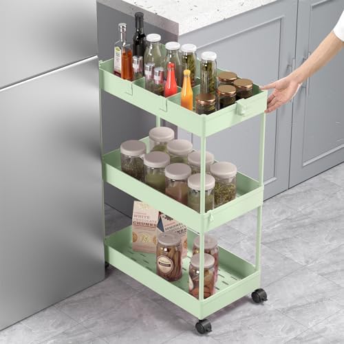 3 Tier Rolling Cart with Wheels, Storage Craft Art Trolley Organizer Serving, 3 Hanging Baskets Easy Assembly, for Office, Living Room, Kitchen, Green - Image 4