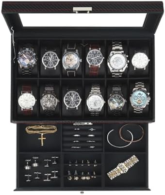 Mens Watch Box Jewelry Organizer,12-Slot 2-Layer Watch Case -Black by KUKIKAN