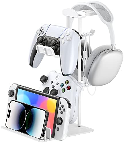 KDD Headphone Stand, Controller Holder & Headset Holder for Desk, Earphone Stand with Aluminum Supporting Bar, Universal Storage Organizer Headphones/Controller/Switch/Mobile Phone(White) by KDD