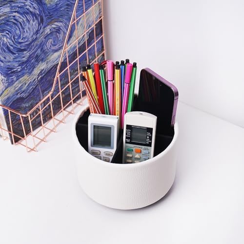 Round Leather Art Supply Organizer,Remote Control Holder,360 Degree Spinning,Multi-Functional Pencil Holder,4 Compartments Desktop Stationary Organizer(1-Lichee White) - Image 6