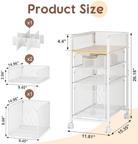 Rolling Makeup Cart Organizer with 3 Drawers, Narrow Floor Skincare Organizers, Vanity Organizer Cosmetics Display Cases Holder for Skin Care Nail Polish Perfume Makeup Brush, White - Image 6