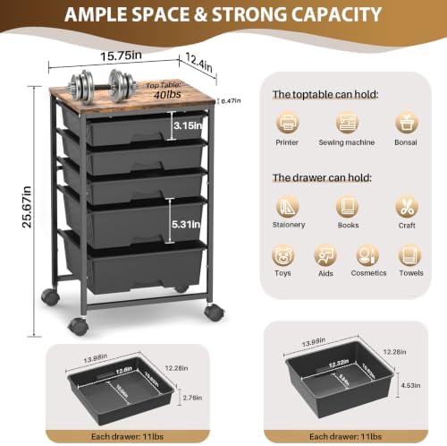 Rolling Cart with 5 Drawers for Craft, Art, Dorm, Office, Black - Image 2