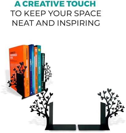 Tree Bookends with Heart-Shaped Leaves - Steel with Epoxy Coating and Wood Base - Decorative Pair of Book Holders for Shelves and Desk - Black – Geguton - Image 6