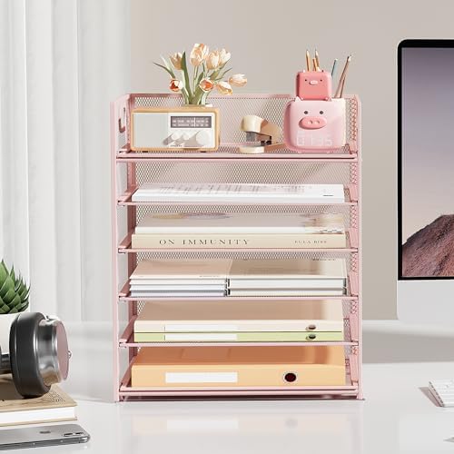 6-Tier Desk Paper Organizer, Desktop File Letter Tray with Handle, Document Sorter and Accessories Holder for Office, Home and School Workspace Organizers, Pink-2 Pack - Image 4