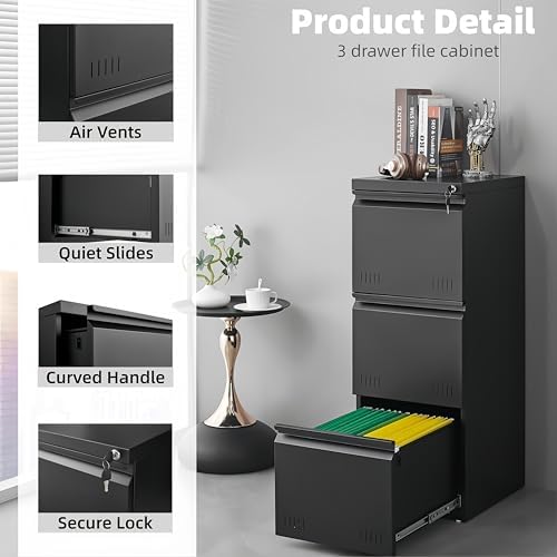 Vertical 3 Drawer File Cabient with Lock, Metal Filing Cabinets for Home Office, Heavty Duty Office Storage Cabinet for A4/Letter/Legal (Matte Black) - Image 4