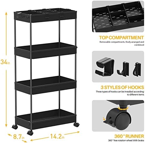 4 Tier Rolling Cart with Wheels, Storage Craft Art Trolley Organizer Serving, 3 Hanging Baskets Easy Assembly, for Office, Living Room, Kitchen - Image 3