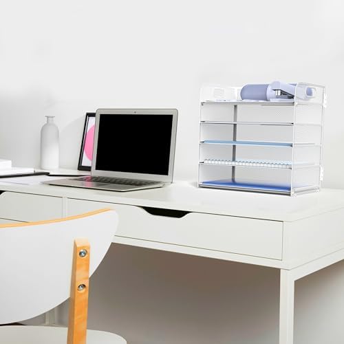 Letter Tray Paper Organizer 5-Tier Desk Organizer File Organizer Paper Holder with Handle, Metal Desktop Document Shelf Tray Office Classroom Organization - White - Image 5