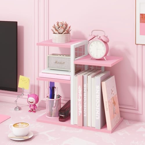 Desktop Bookshelf, Tiered Desk Organizer Shelf, Wooden Tabletop Bookshelf Small Desk Book Shelf, Dresser Top Organization Storage Rack and Desk Decorations for Women Office, Pink - Image 5