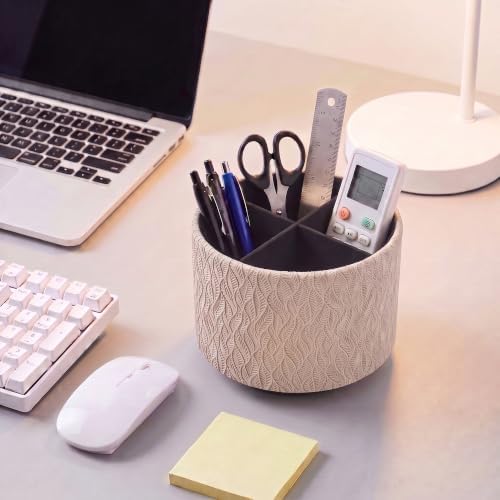 Round Leather Art Supply Organizer,Remote Control Holder,360 Degree Spinning,Multi-Functional Pencil Holder,4 Compartments Desktop Stationary Organizer(1-Leaves Flesh) - Image 6