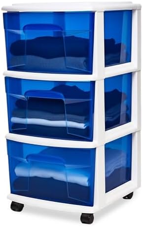 HOMZ Drawer Tower, 3-Tier Storage Cart with Removable Wheels, White Frame by Homz