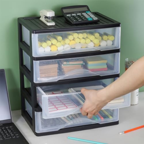 BYCY Medium 4 Drawer Clear Stacking Desktop Organizer for Office Supplies,Stackable Storage Drawers Plastic Storage Bins For Kitchen Cabinets, Pantry, Home Organization (Black, Medium 4Drawer) - Image 4