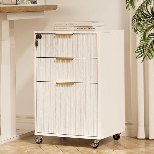 3 Drawers Fluted Mobile File Cabinet with Lock, Rolling File Cabinet Printer Stand Table, Under Desk Wooden Filing Cabinets for Home Office Essentials Storage Organization Furniture Letters/A4(White) by INNODToddlerTower