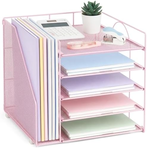 Desk Organizers and Accessories, 5-Tier Paper Letter Tray Organizer with File Holder, Desktop Organizer for Office Supplies (Pink) by Stylishworkspaceeffortlessorganization