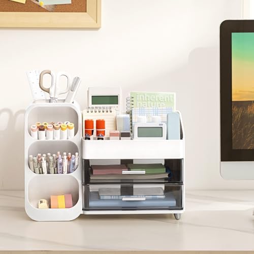 HBlife Desk Organizer with Pen Pencil Holder for Desk, Pen Organizer with 2 Drawers, Desk Organizers and Accessories with 4 Compartments, Desktop Storage for Office Home School Art Supplies, White - Image 3