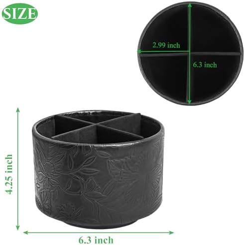 Round Leather Art Supply Organizer,Remote Control Holder,360 Degree Spinning,Multi-Functional Pencil Holder,4 Compartments Desktop Stationary Organizer(1-Carved Black) - Image 2