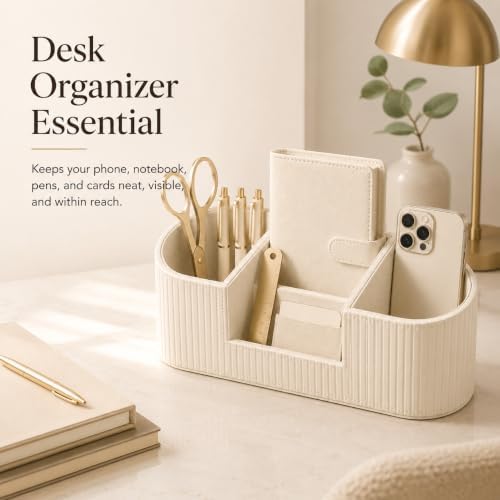Faux Leather Desk Organizer, Office Desk Accessories Organizer with 4 Compartments, Modern Vanity Organizer for Pens, Makeup Brushes, Office Supplies, Remote Controls, Desk Decor for Home - Image 5