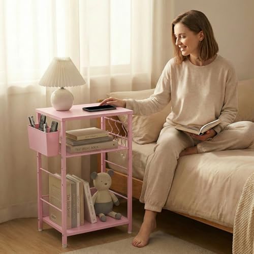 Small 3 Tier Printer Stand for Under Desk, Height Adjustable Shelf Printer Table with 3 S-Hooks & Basket, Heavy Duty Industrial Storage Shelf for Home Office (Deep Pink) - Image 6