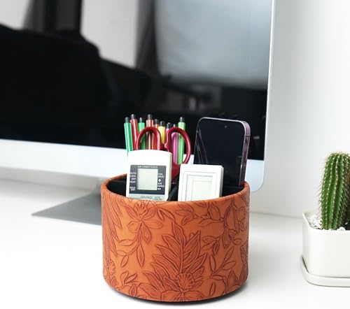 Round Leather Art Supply Organizer,Remote Control Holder,360 Degree Spinning,Multi-Functional Pencil Holder,4 Compartments Desktop Stationary Organizer(1-Carved Brown) - Image 7