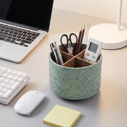 Round Leather Art Supply Organizer,Remote Control Holder,360 Degree Spinning,Multi-Functional Pencil Holder,4 Compartments Desktop Stationary Organizer(1-Wood Green2) - Image 6