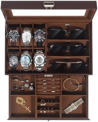 Mens Jewelry Box Organizer, 6 Watch Slots & 3 Sunglasses -Brown by KUKIKAN