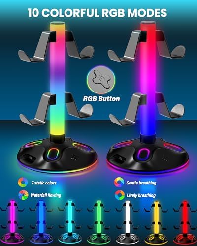 RGB Headphone Stand for Desk, Innovative Headset Stand with 9 Light Modes - Controller Holder with USB Charging and Type-c Port, Gamepad Earphone Accessories (Black) - Image 2