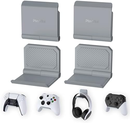 PlayVital 4 Pack FOLD Controller Holder Wall Mount for ps5 ps4 Xbox Switch 2 Pro Headset, Universal Controller Acessories Organizer Headphone Stand - Foldable Anti-slip Strong Adhesive, New Hope Gray by PlayVital