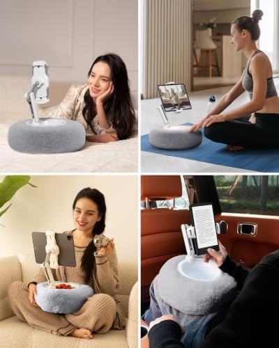 Viozon Tablet Stand with Pillow, Compatible with 4.7"-13" Phone/Tablet, iPad, iPhone, Samsung, Google, Kindle, 360°Adjustable Phone Holder for Bed with Soft Plush Fabric, and Detachable Bowl, Grey - Image 2