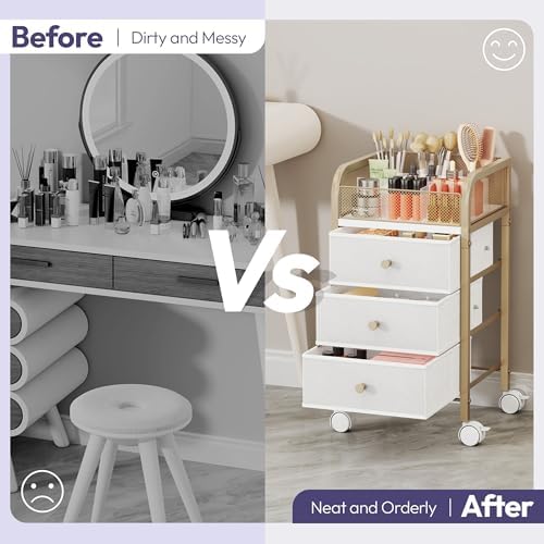 Rolling Makeup Organizer Cart - Under Desk Vanity Makeup Storage with 3 Non-woven Drawers, Nail Cart Organizer Cosmetic Display Cases Cabinet for Skin Care Perfume Nail Polish Brush Hair Tool - Image 5