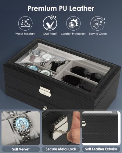 Mens Jewelry Box Organizer, 6 Watch Slots & 3 Sunglasses -Grey - Image 5