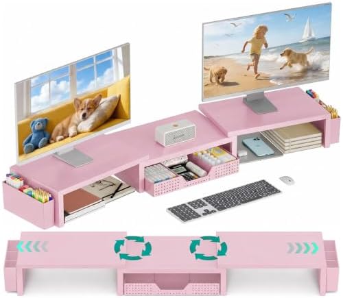 Desk Organizer and Accessories, Computer Monitor Stand Riser with Drawer and 2 Pen Holders, Laptop Stand, Office Desk Accessories for Office Supplies, Pink by OPNICE