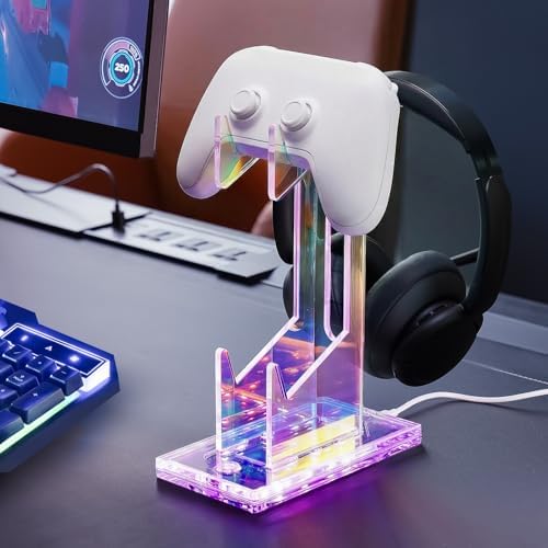 NiHome Controller Holder & Headphone Stand, LED Acrylic 2-Tier Gaming Desk - Image 6