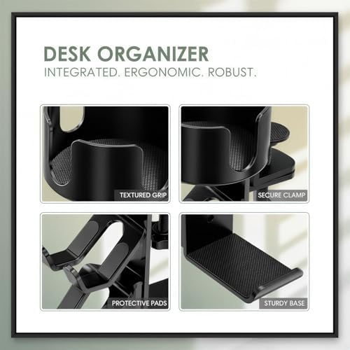 3-in-1 Desk Cup Holder, Clamp-on Drink Holder with Headphone Hanger and Dual Controller Stands, 360° Rotating Desk Organizer for Gaming Office Table - Image 4