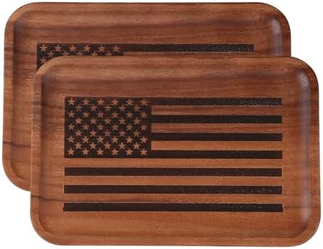 2PCS American Flag Serving Acacia Wood Valet Tray for Men Women Catch All Acacia Wooden Tray Gift, Mens Key Tray, Decorative Tray, Nightstand Tray Dump Tray EDC Tray for Phone Watch Wallet Jewelry by Velinjowy
