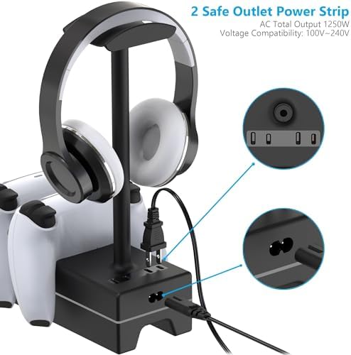 PS5 Controller Charger with USB Charging Port and AC Outlet, RGB DualSense Charging Station Dock for Playstation 5 Controllers with Headphone Stand, PS5 Accessories - Image 5