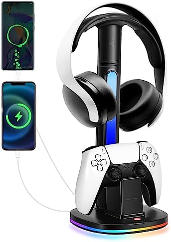 PS5 Controller Charging Station with RGB Headphone Stand, PS5 Controller Charger Holder with 2 USB Port, Headset Stand for PlayStation 5 & DualSense Edge Controllers Charging Dock by JDGPOKOO
