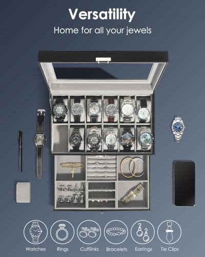 Mens Watch Box Jewelry Organizer,12-Slot 2-Layer Watch Case -Grey - Image 3