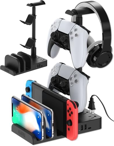 KAFRI Headphone and Controller Stand with USB A&C Charger, Desk Gaming Accessories Headset Holder with USB Charging Port and 2 AC Outlets, Switch/Phone Storage Organizer, Gamer Gift for Men Boyfriend by KAFRI
