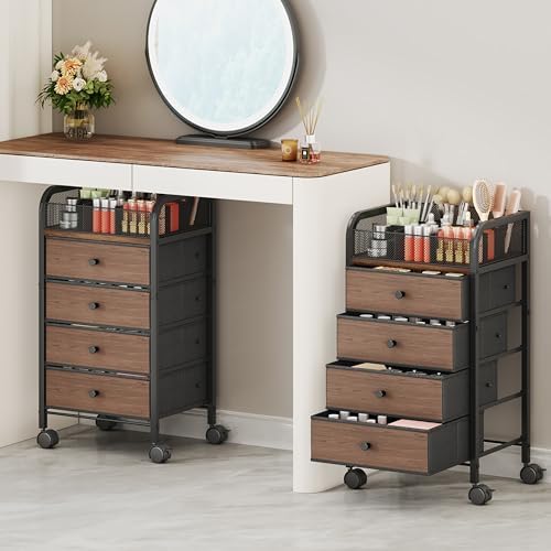 Rolling Makeup Organizer Cart - 14.96″*11.81″*27.55″ Widened Under Desk Vanity Storage with 4 Non-woven Drawers, Cosmetic Display Cases for Skin Care Perfume Nail Polish Brush Hair Tool Black by SwtyMiki-TidyHomeSweetLife