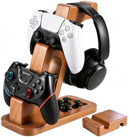 DEQIANG Solid Wood Headphone Stand with Dual Controller Holder (Set) by DEQIANG