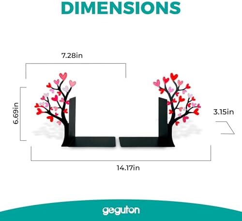 Tree Bookends with Heart-Shaped Leaves - Steel with Epoxy Coating and Wood Base - Decorative Pair of Book Holders for Shelves and Desk - Black with Red and Pink Accents – Geguton - Image 2
