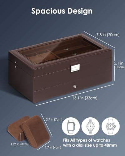 Mens Jewelry Box Organizer, 6 Watch Slots & 3 Sunglasses -Brown - Image 2