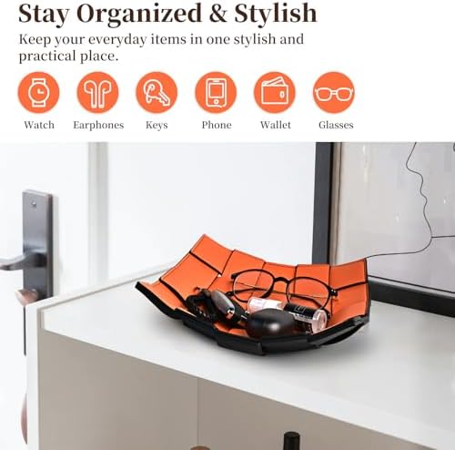 Valet Tray PU Leather Key Holder Bowl for Women and Men Entryway Table Nightstand Desk Tray for Wallet, Keys Men's Gift - Orange & Black, 9.8" L x 9.8" W x 2" H - Image 3