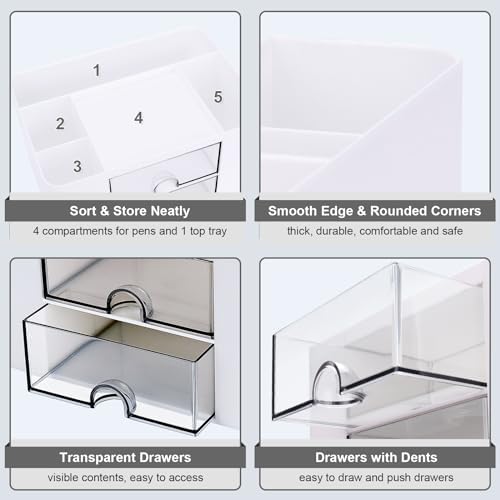 Plastic Pen Organizer, Multifunctional Desk Organizer with 2 Drawers, 4 Compartments & a Top Tray, Pencil Holder Desktop Organizers and Accessories for Office, 7.7" x 5.5" x 3.9" (White) - Image 5