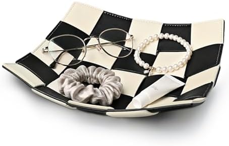 Black and White Checkered Valet Tray PU Leather Key Holder Bowl for Women and Men Entryway Table Nightstand Desk Tray for Wallet, Keys Men's Gift - 9.8" L x 9.8" W x 2" H by MSJGA