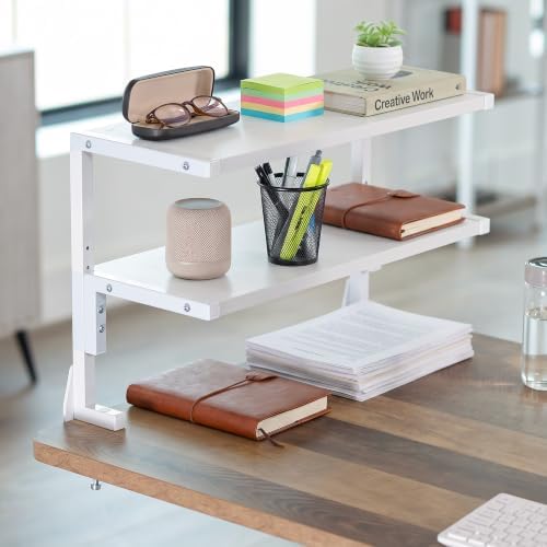 VIVO White Clamp-on 24 inch 2-Tier Desk Shelf, STAND-SHELF24C-W - Image 3