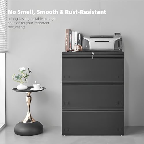 Lateral 3 Drawer File Cabient with Lock, Metal Filing Cabinets for Home Office, Heavty Duty Office Storage Cabinet for A4/Letter/Legal (Matte Black) - Image 3