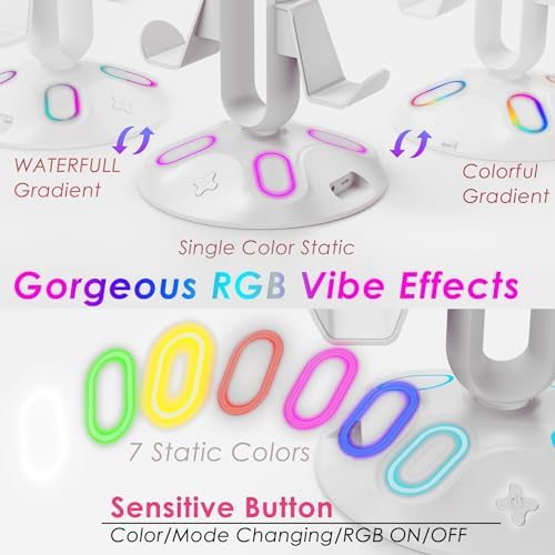 RGB Headphone Stand and Controller Holder With 9 Light Modes - 2 USB Charging Ports, 3.5mm & Type-C - Hanger Accessories for Desk and Gamer (White) - Image 2