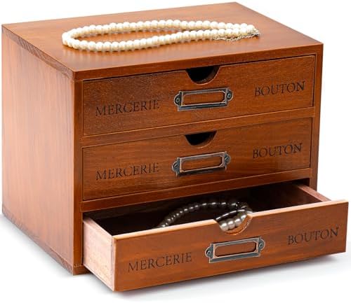 Wesiti Wooden Desk Organizer, 3 Drawers, Vintage Makeup Cabinet, Brown by Wesiti